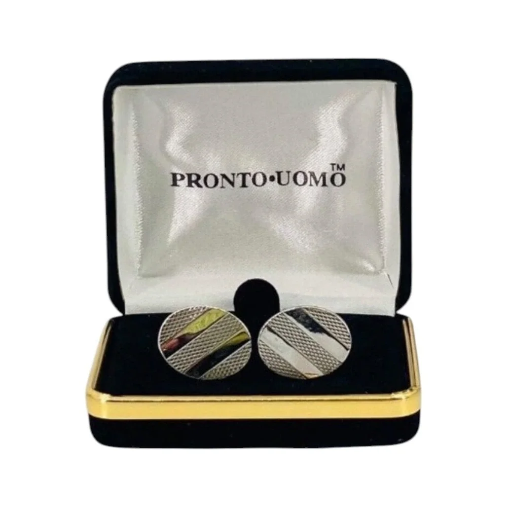 Pronto Uomo Silver Tone Round Cufflinks Diagonal Stripe Textured with Box Mens